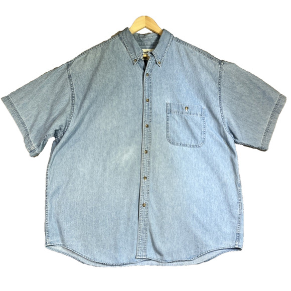 Eddie Bauer Shirt Mens XL Blue Denim Short Sleeve Button Down Dad Style Faded - Picture 1 of 10